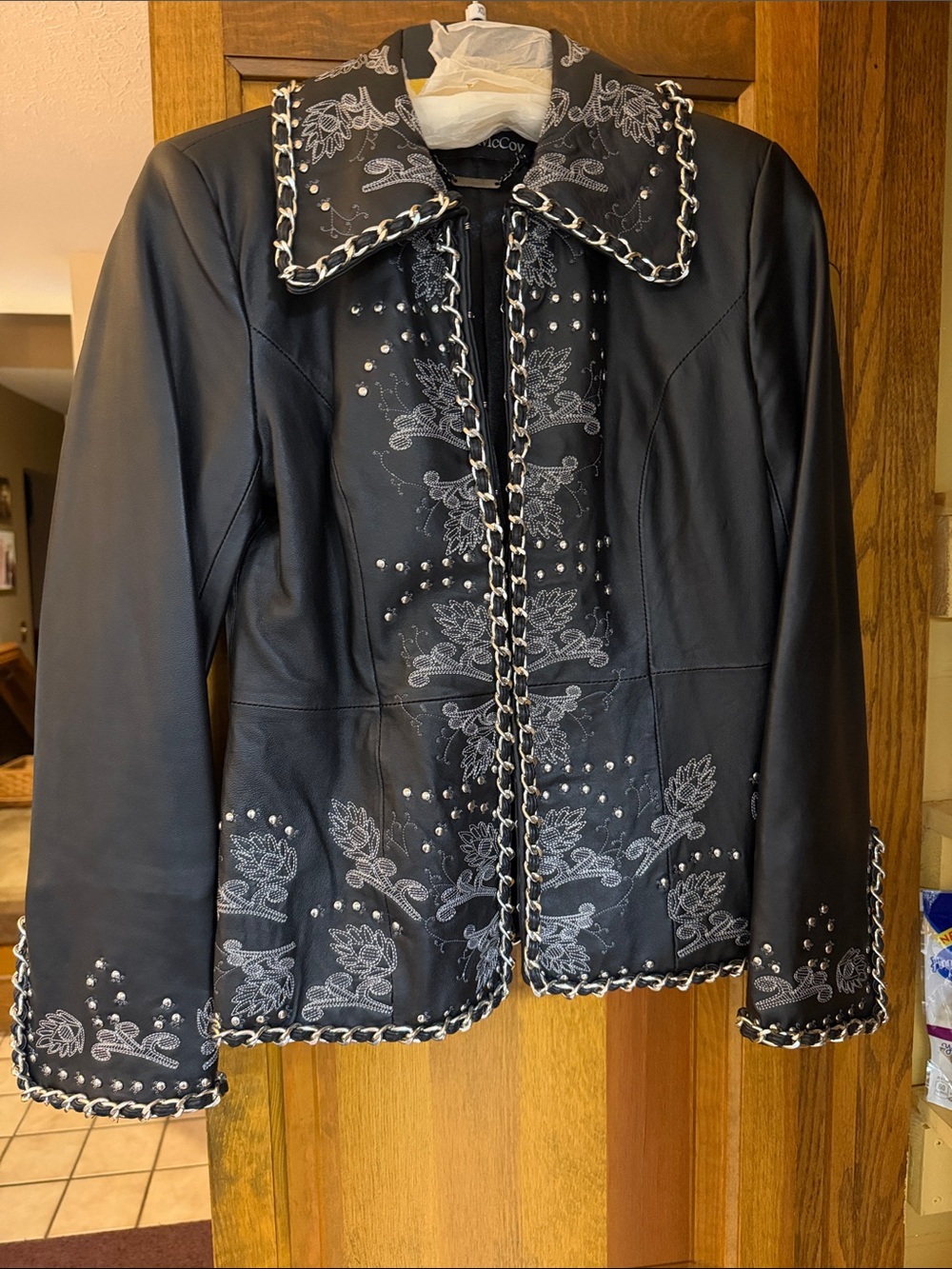 Embellished Black Leather Jacket with Contrast Trim